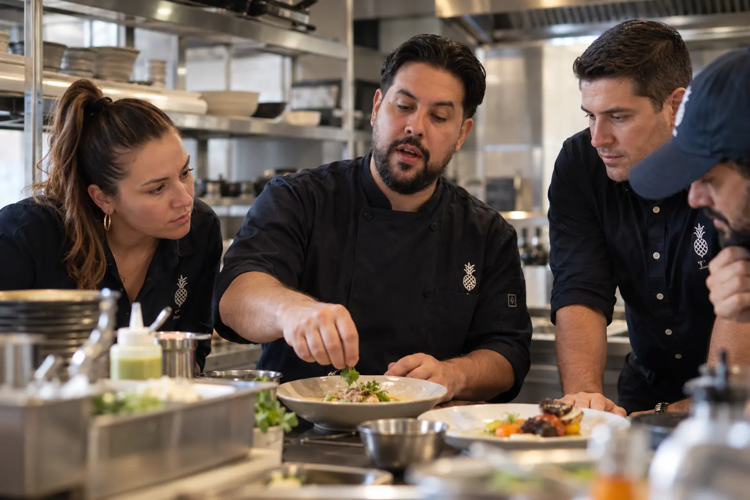 Chef emplatando con el equipo de cocina
