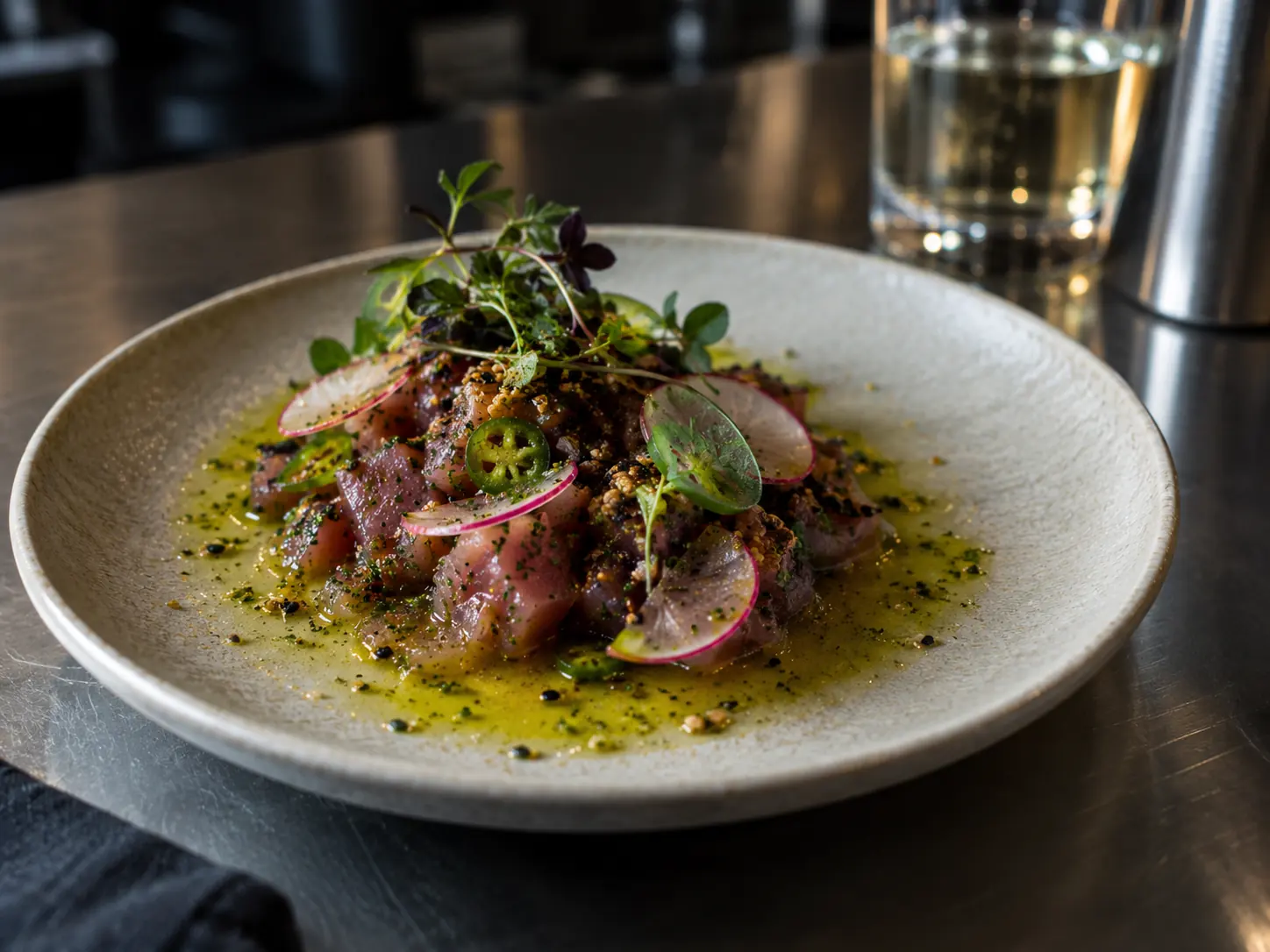 Crudo de atún con rábano y hierbas